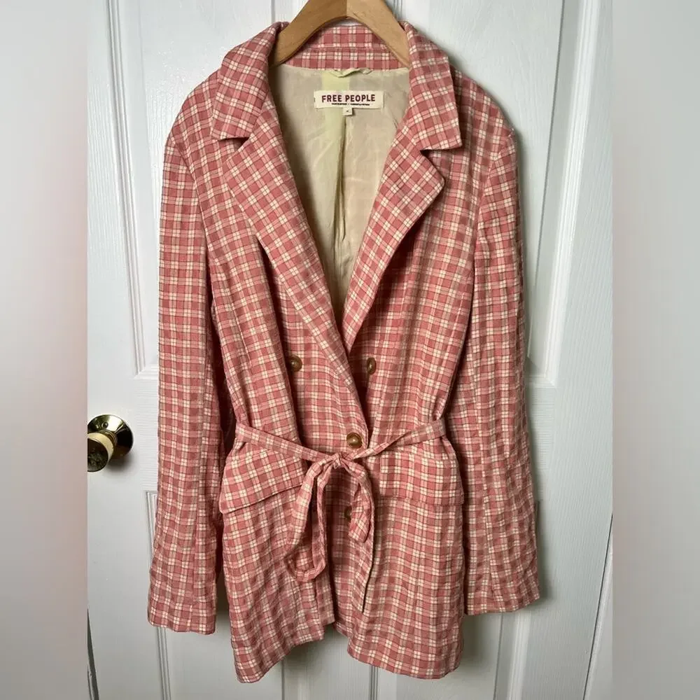 Free People Pink Cream Long Sleeve Button Waist Tie Olivia Gingham Blazer M